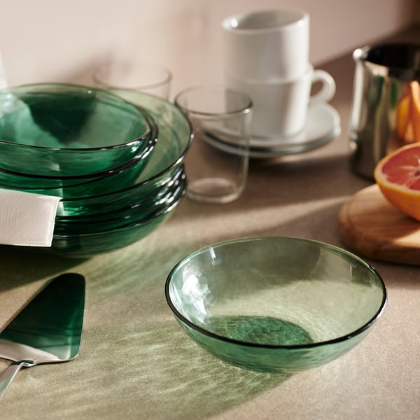 STRANDKRABBA deep plate, glass/green, 19 cm