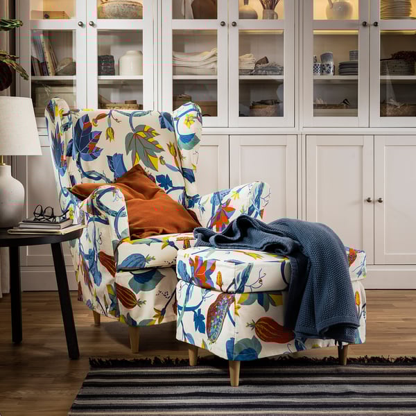 STRANDMON slipcover for footstool, Stigsbo multicolour/beige