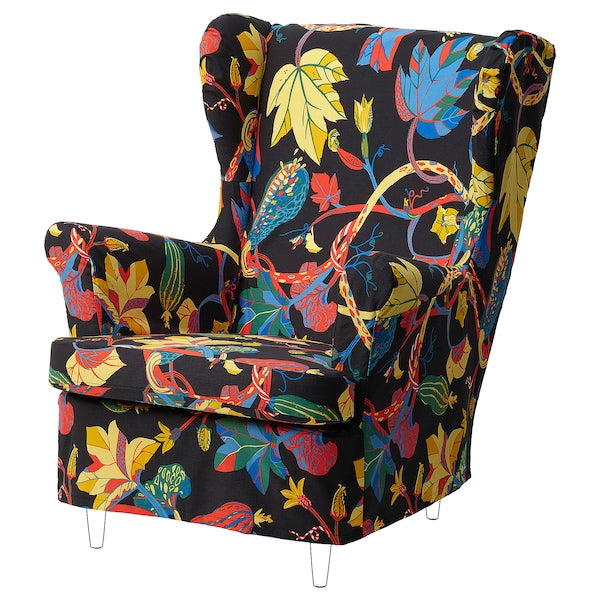 STRANDMON - Armchair/footstool cover, Stigsbo patterned/black