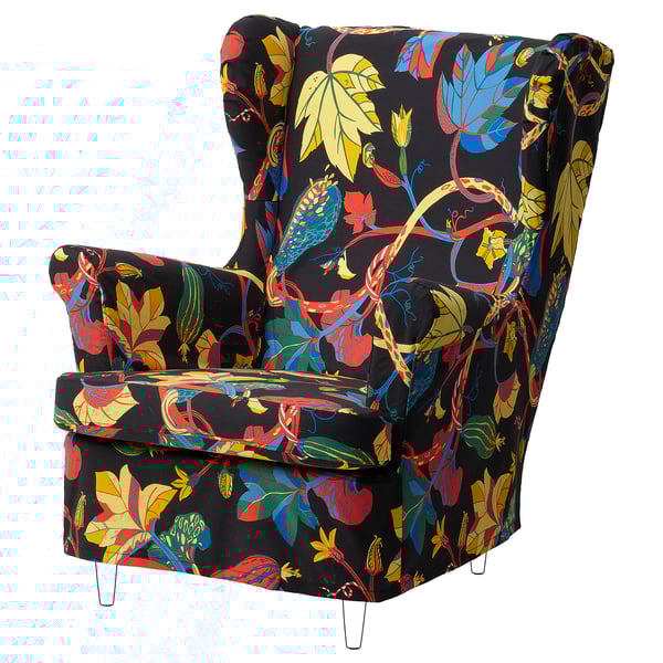 STRANDMON - Armchair/footstool cover, Stigsbo patterned/black