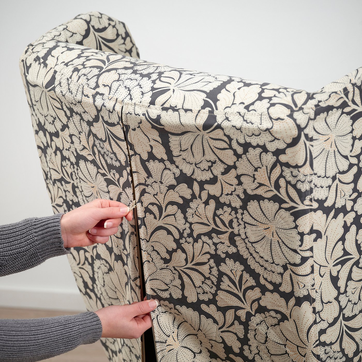 STRANDMON slipcover for wing chair, Ribersborg dark grey/beige