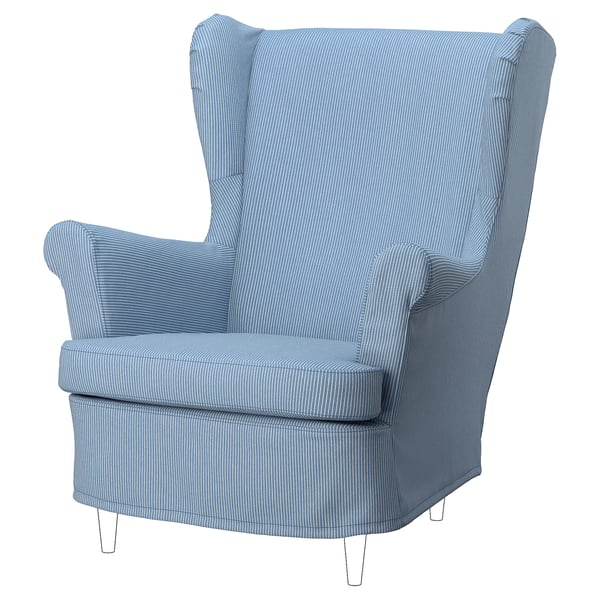 STRANDMON slipcover for wing chair, Sjölyckan dark blue/beige stripe pattern