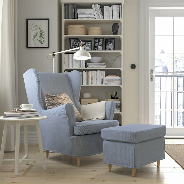 STRANDMON slipcover for wing chair, Sjölyckan dark blue/beige stripe pattern