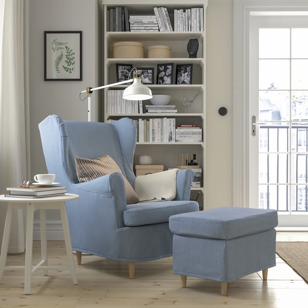 STRANDMON slipcover for wing chair, Sjölyckan dark blue/beige stripe pattern