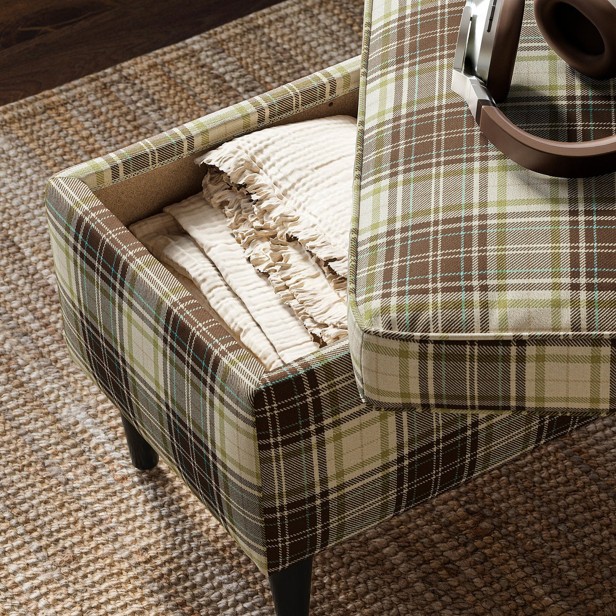 STRANDMON footstool with storage, Talliden beige/brown, 60x40 cm