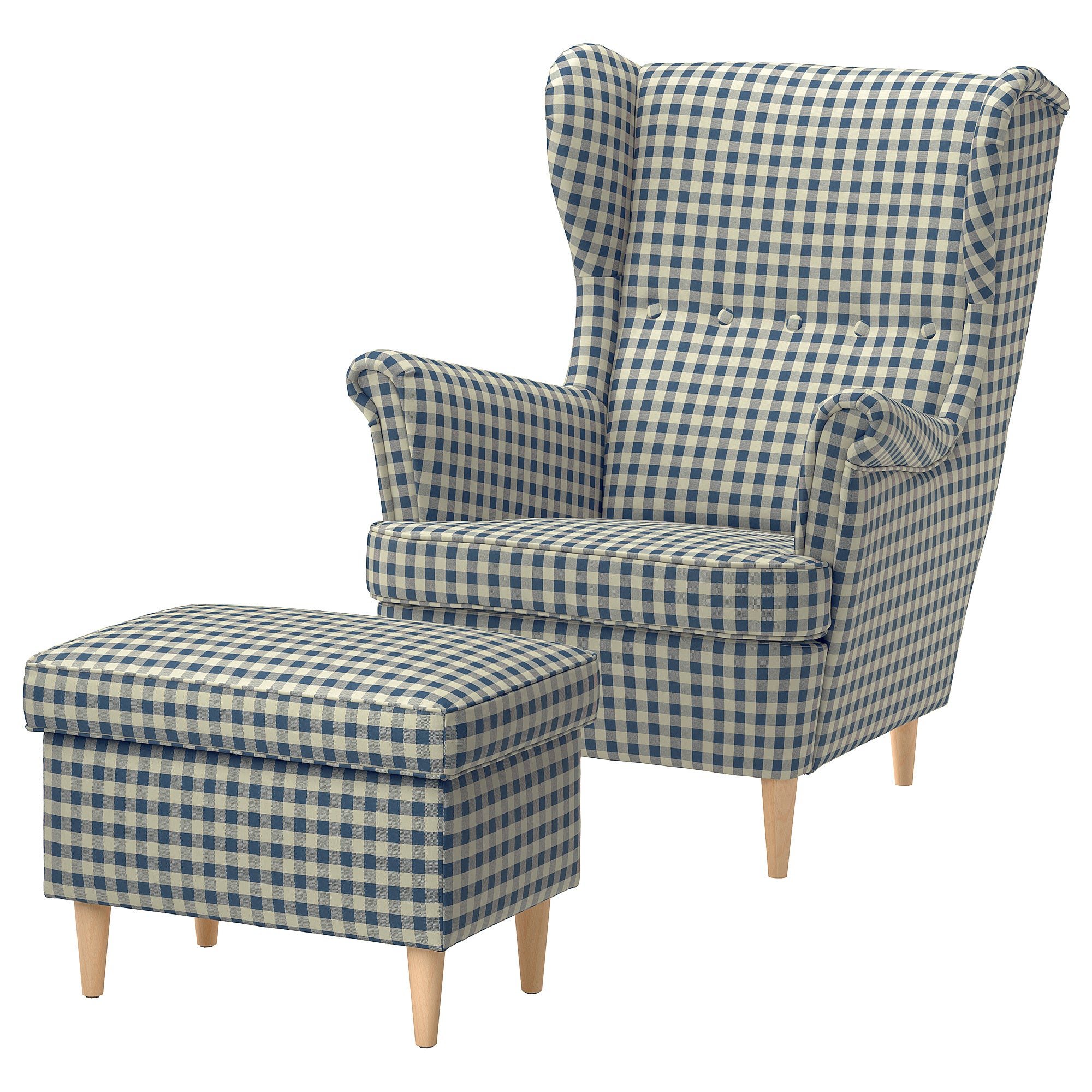 STRANDMON wing chair with footstool, Sulviken blue/beige