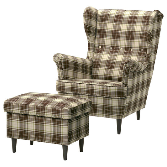 STRANDMON wing chair with footstool, Talliden beige/brown