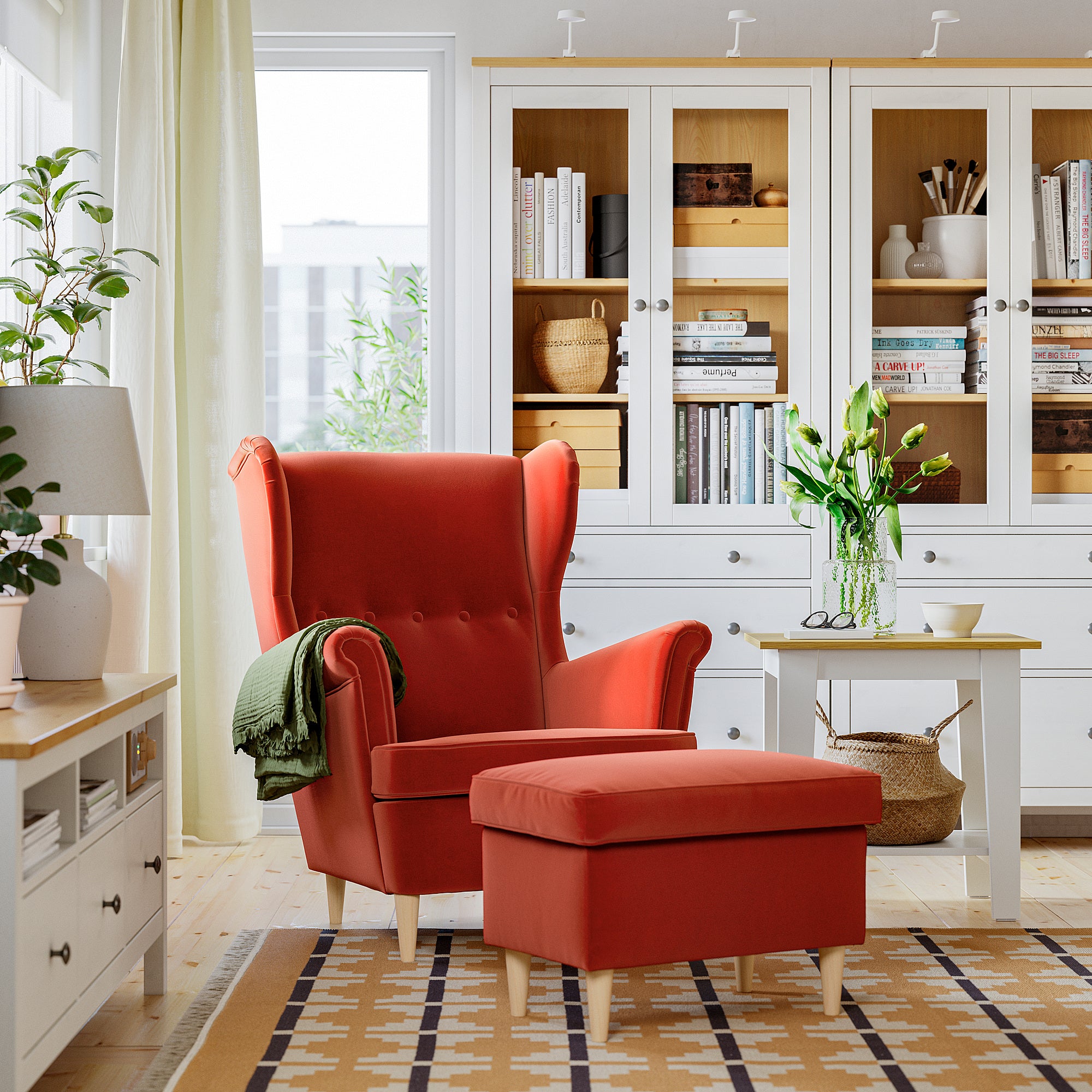 STRANDMON wing chair with footstool, Tommaboda brown-red