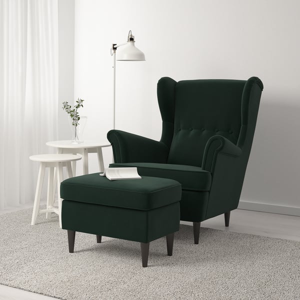 STRANDMON armchair and footstool, Djuparp dark green
