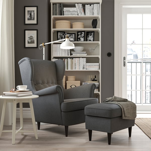 STRANDMON armchair and footstool, Nordvalla dark grey