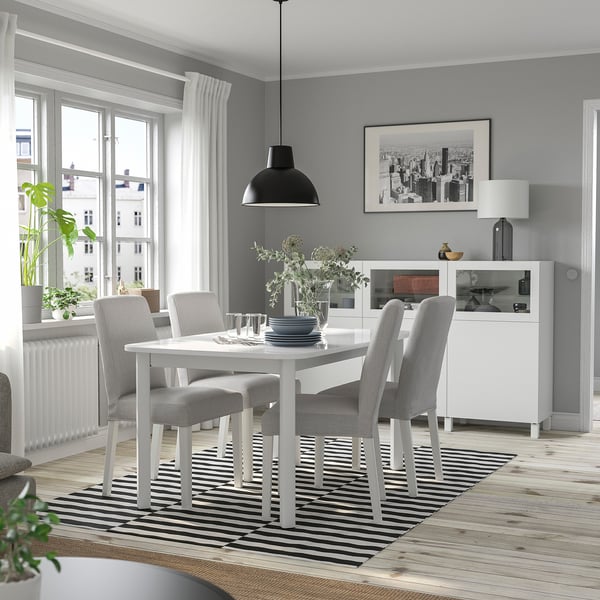 STRANDTORP / BERGMUND table and 4 chairs, white/Orrsta light grey, 150/205/260 cm