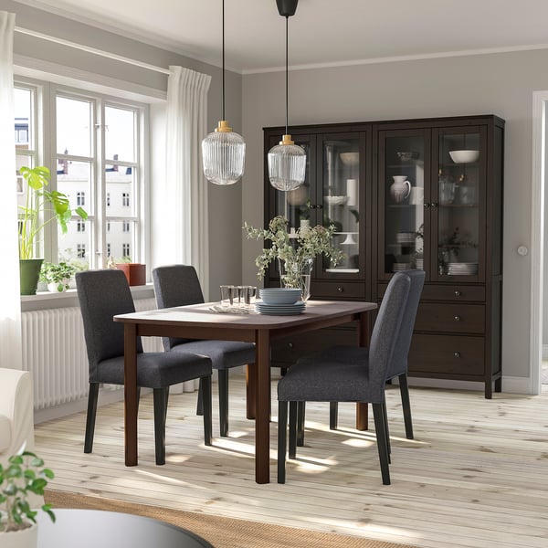STRANDTORP / BERGMUND table and 4 chairs, brown/Gunnared medium grey, 150/205/260 cm