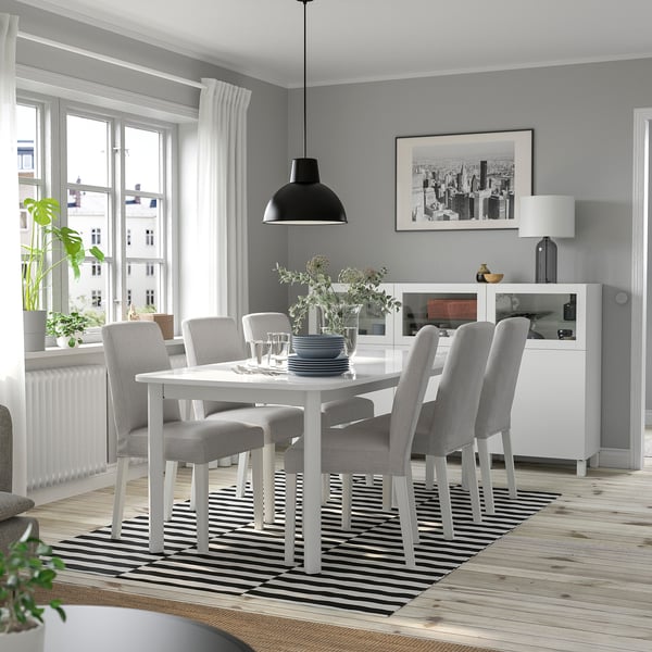 STRANDTORP / BERGMUND table and 6 chairs, white/Orrsta light grey, 150/205/260 cm