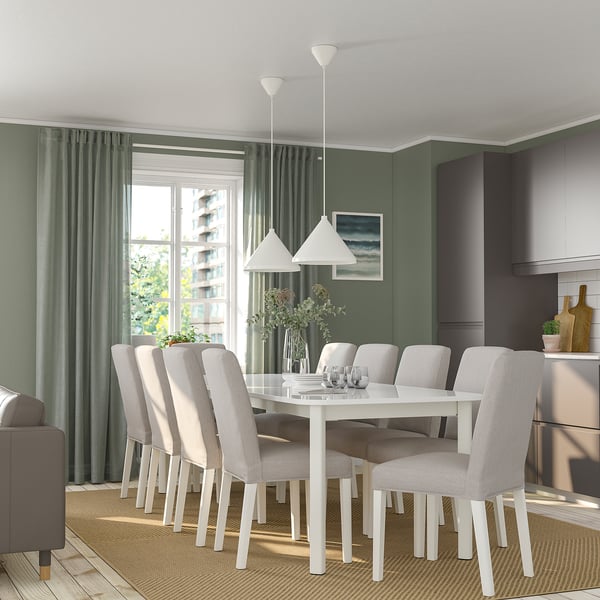 STRANDTORP / BERGMUND table and 8 chairs, white/Orrsta light grey, 150/205/260 cm