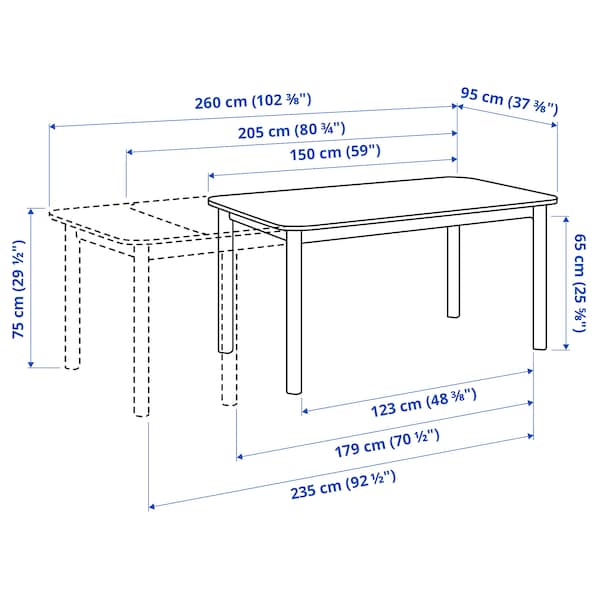 Ikea STRANDTORP / GRÖNSTA - Table and 4 chairs with armrests, brown/white, 150/205/260 cm