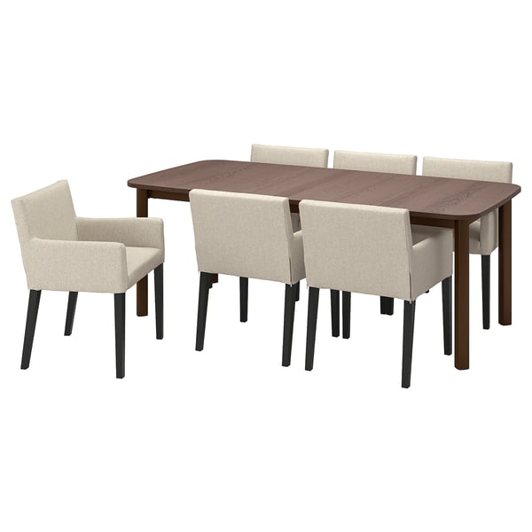 STRANDTORP / MÅRENÄS table and 6 armchairs, brown/black Gunnared beige, 150/205/260 cm
