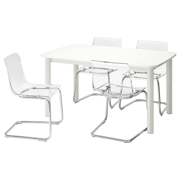 STRANDTORP / TOBIAS table and 4 chairs, white/transparent, 150/205/260x95 cm