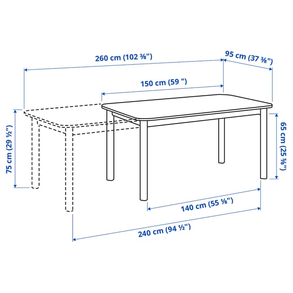 STRANDTORP / TOBIAS table and 4 chairs, white/transparent, 150/205/260x95 cm