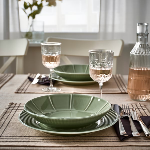 STRIMMIG deep plate, stoneware pale grey-green, 23 cm, 4 pack