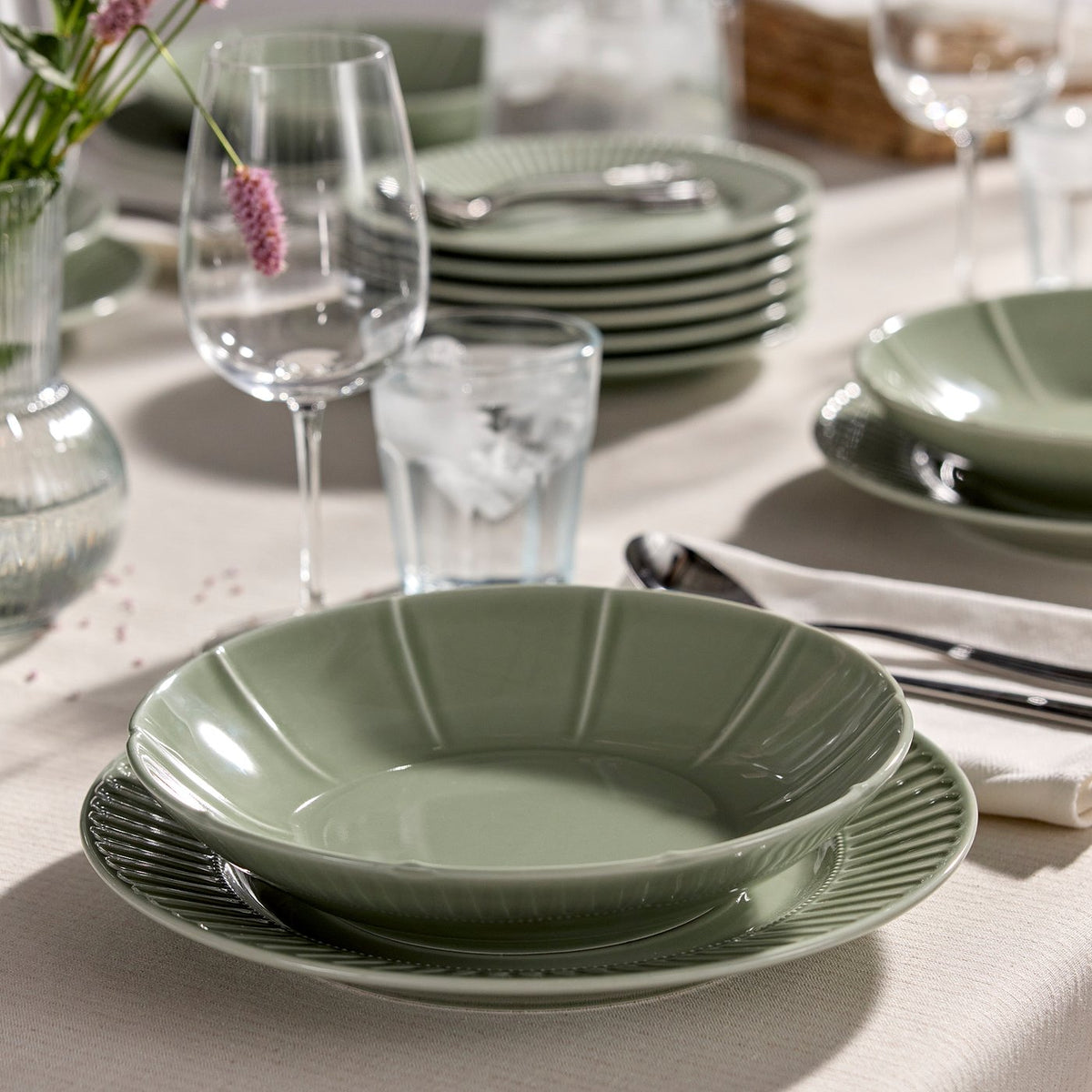 STRIMMIG deep plate, stoneware pale grey-green, 23 cm