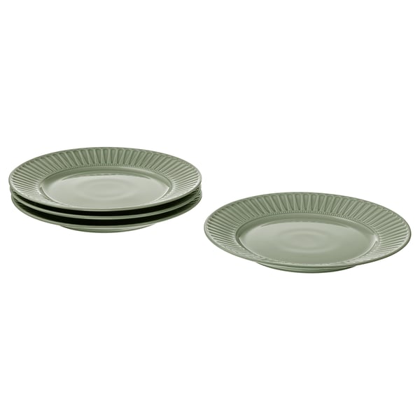 STRIMMIG plate, stoneware pale grey-green, 27 cm, 4 pack