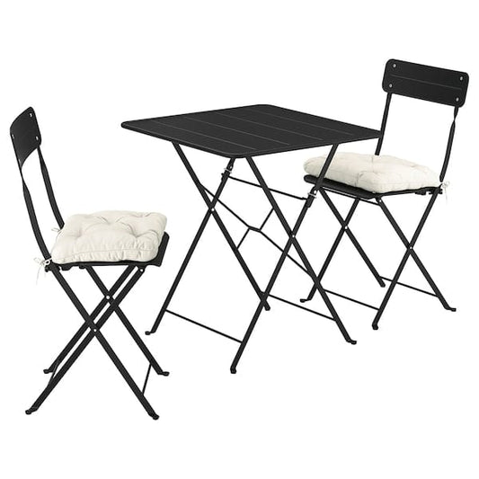 Ikea SUNDSÖ - Folding table and 2 chairs, outdoor anthracite/anthracite Kuddarna light gray-beige,65x65 cm