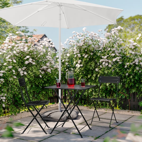 SUNDSÖ table and 2 folding chairs, outdoor anthracite/anthracite, 65x65 cm