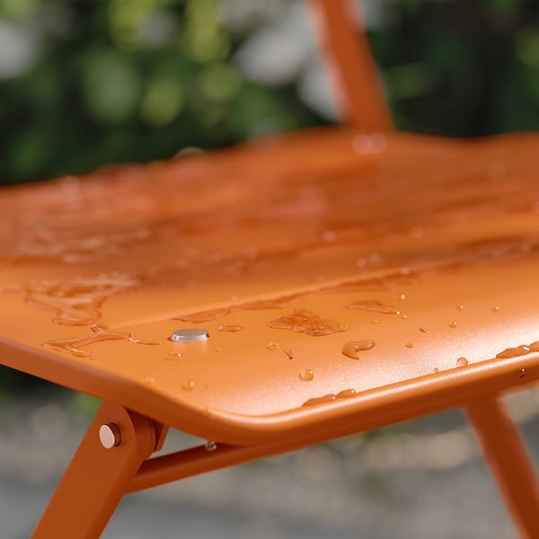 SUNDSÖ table and 2 folding chairs, outdoor bright orange/bright orange Kuddarna light grey-beige, 65x65 cm