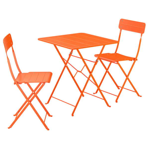 SUNDSÖ table and 2 folding chairs, outdoor bright orange/bright orange, 65x65 cm