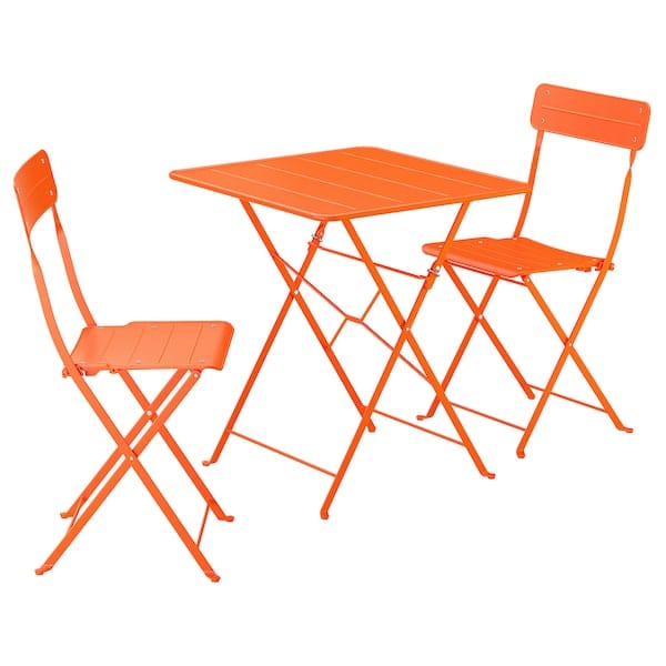 SUNDSÖ - Table and 2 folding chairs, outdoor bright orange/bright orange, 65x65 cm