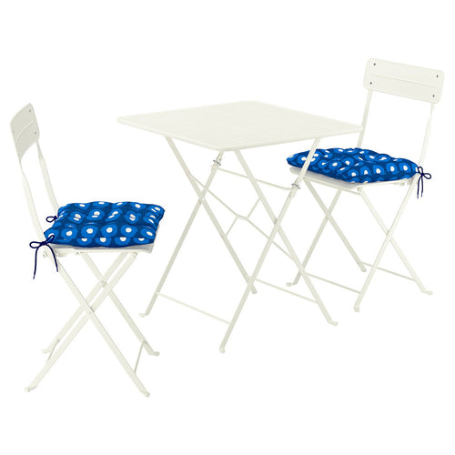 SUNDSÖ table and 2 folding chairs, outdoor off-white/off-white Klösan dark blue, 65x43 cm
