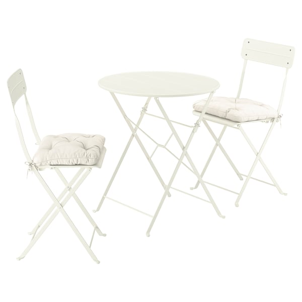 SUNDSÖ table and 2 folding chairs, outdoor off-white/off-white Kuddarna light grey-beige, 65 cm