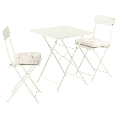 SUNDSÖ table and 2 folding chairs, outdoor off-white/off-white Kuddarna light grey-beige, 65x65 cm