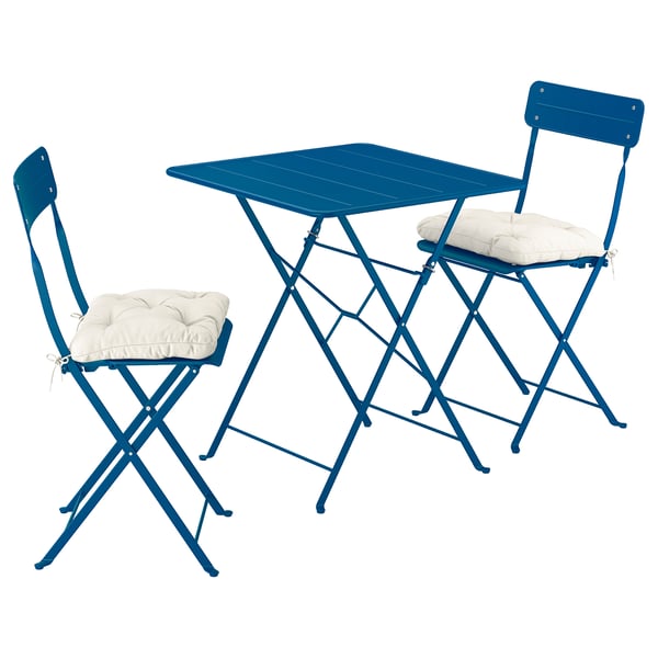 SUNDSÖ - Folding table and 2 chairs, outdoor dark blue/dark blue Kuddarna light gray-beige,65x65 cm