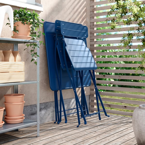 SUNDSÖ - Folding table and 2 chairs, outdoor dark blue/dark blue Kuddarna light gray-beige,65x65 cm
