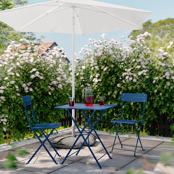 SUNDSÖ table and 2 folding chairs, outdoor dark blue/dark blue, 65x65 cm
