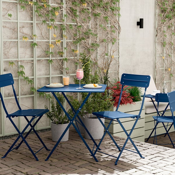 SUNDSÖ table and 2 folding chairs, outdoor dark blue/dark blue, 65x65 cm