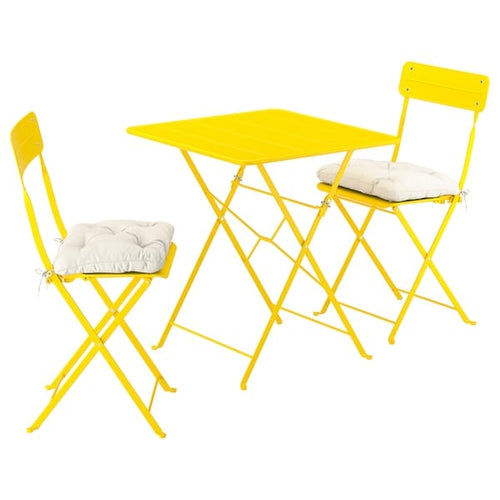 SUNDSÖ table and 2 folding chairs, outdoor bright yellow/bright yellow Kuddarna light grey-beige, 65x65 cm