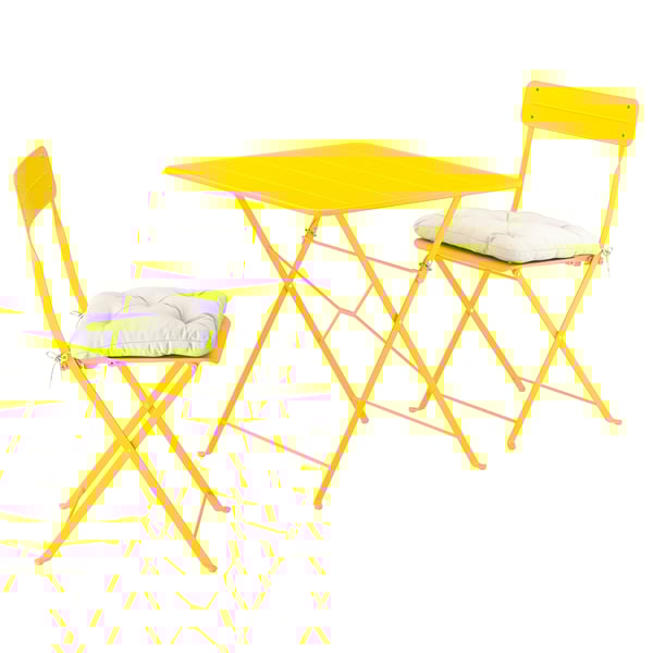SUNDSÖ - Folding table and 2 chairs, outdoor canary yellow/canary yellow Kuddarna light gray-beige,65x65 cm