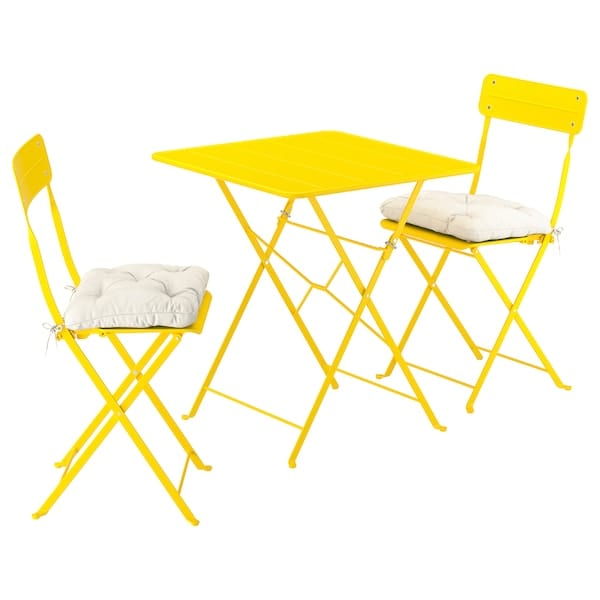 SUNDSÖ - Folding table and 2 chairs, outdoor canary yellow/canary yellow Kuddarna light gray-beige,65x65 cm
