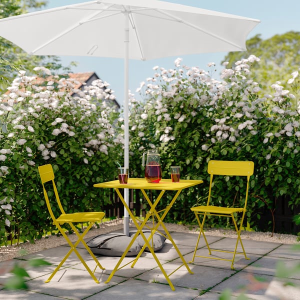 SUNDSÖ table and 2 folding chairs, outdoor bright yellow/bright yellow, 65x65 cm