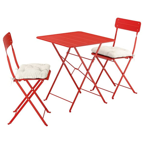 SUNDSÖ table and 2 folding chairs, outdoor bright red/bright red Kuddarna light grey-beige, 65x65 cm
