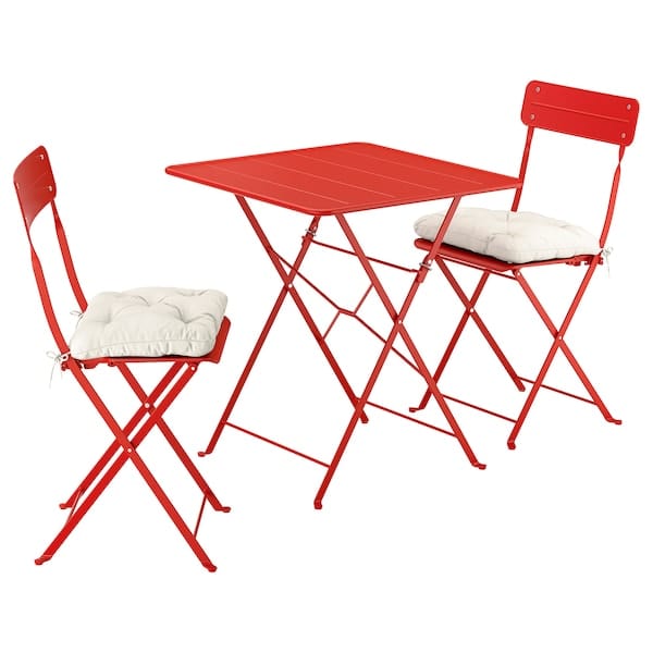 SUNDSÖ - Folding table and 2 chairs, outdoor bright red/light gray-beige Kuddarna,65x65 cm