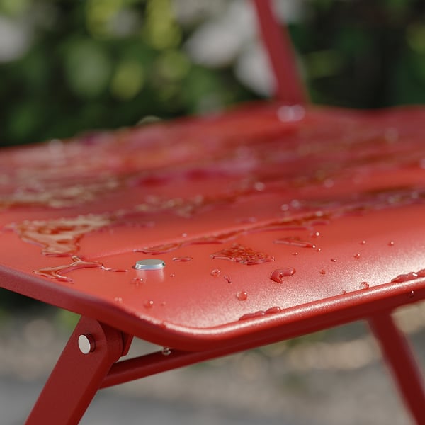 SUNDSÖ table and 2 folding chairs, outdoor bright red/bright red Kuddarna light grey-beige, 65x65 cm
