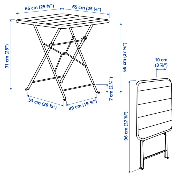 SUNDSÖ table and 2 folding chairs, outdoor light green/light green Kuddarna light grey-beige, 65x65 cm