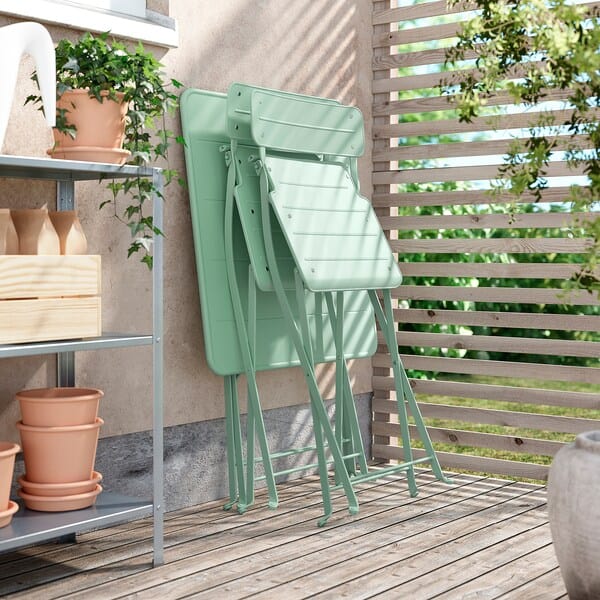 Ikea SUNDSÖ - Folding table and 2 chairs, outdoor light green/light green Kuddarna light gray-beige,65x65 cm