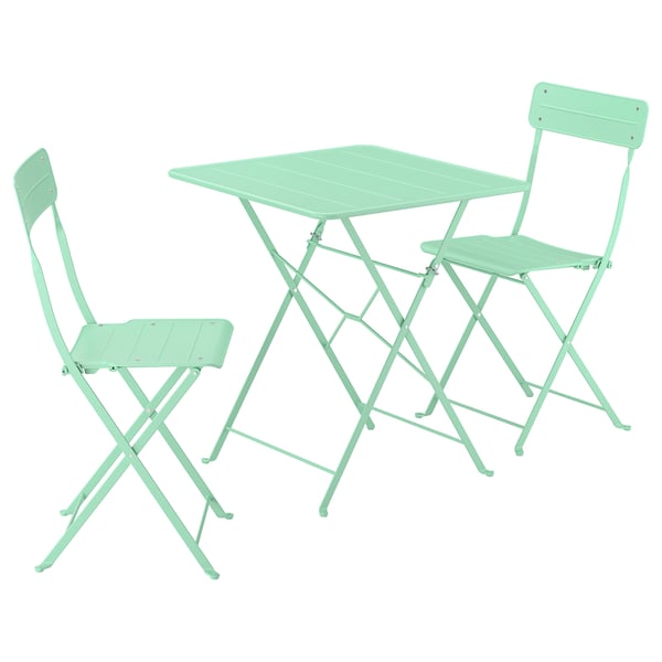 SUNDSÖ table and 2 folding chairs, outdoor light green/light green, 65x65 cm