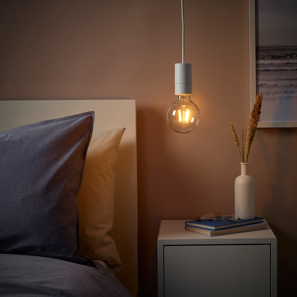 SUNNEBY / LUNNOM - Pendant lamp with light bulb, white/globe clear