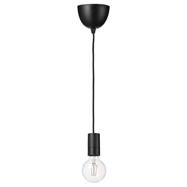 SUNNEBY / LUNNOM - Pendant lamp with light bulb, black globe/clear