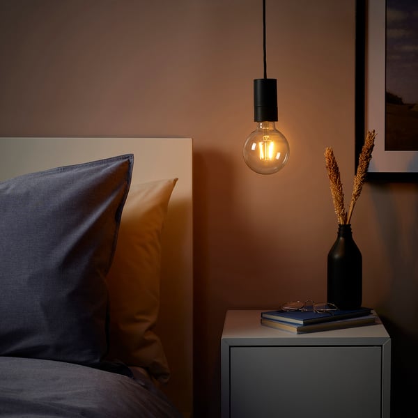 SUNNEBY / LUNNOM - Pendant lamp with light bulb, black globe/clear